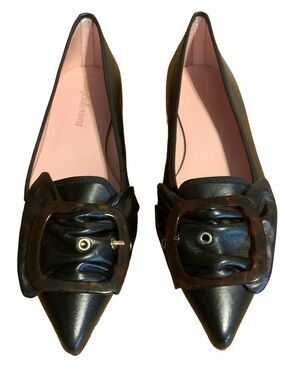 PRETTY BALLERINAS "ELLA" BLACK LEATHER POINTED TOE FLATS W/BUCKLE (38)